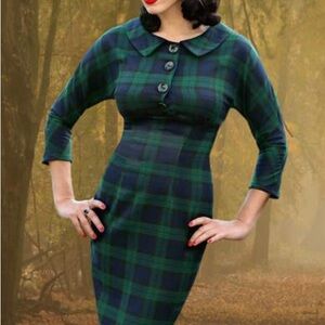 British Retro Black Watch Tartan Scottish 3/4 sleeve Pencil Dress Xmas Pinup US6